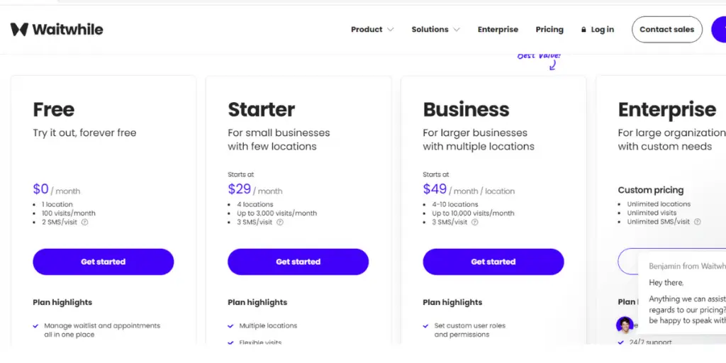 Pricing of Waitwhile