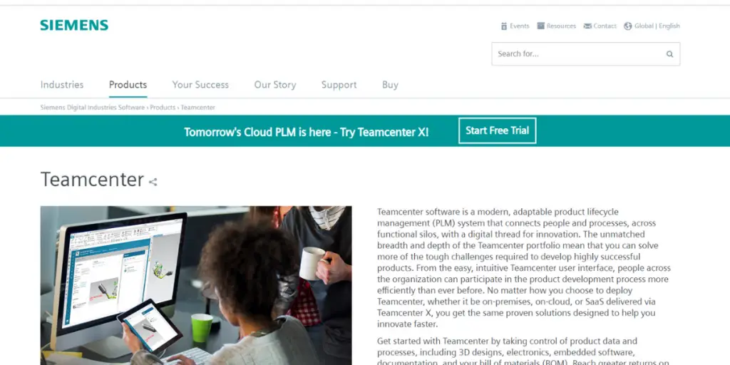 Webpage of TeamCentre by Siemens