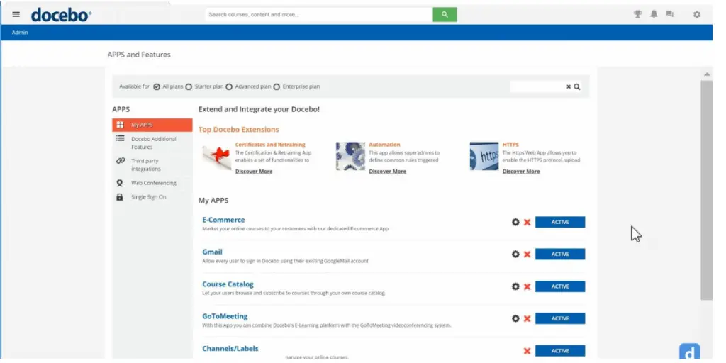 Apps and Features page view of Docebo