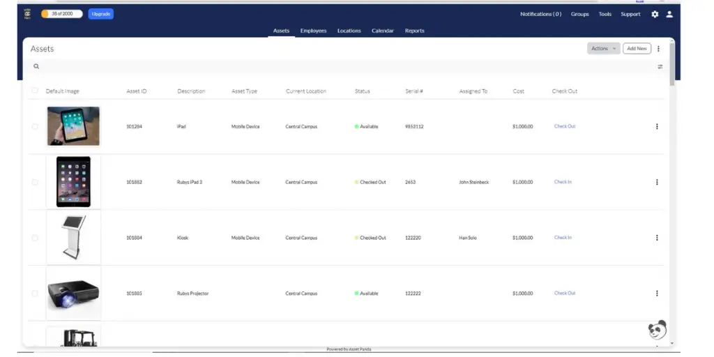 Assets page view of Asset Panda