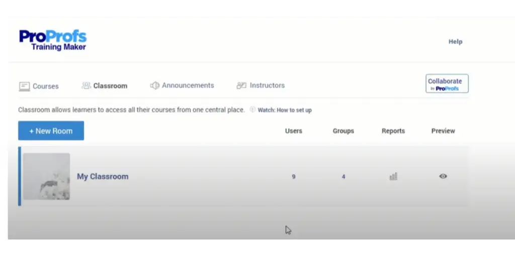 Classroom page view of ProProfs