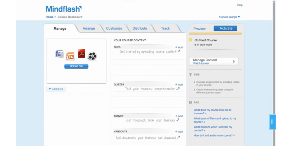 Manage page of Mindflash