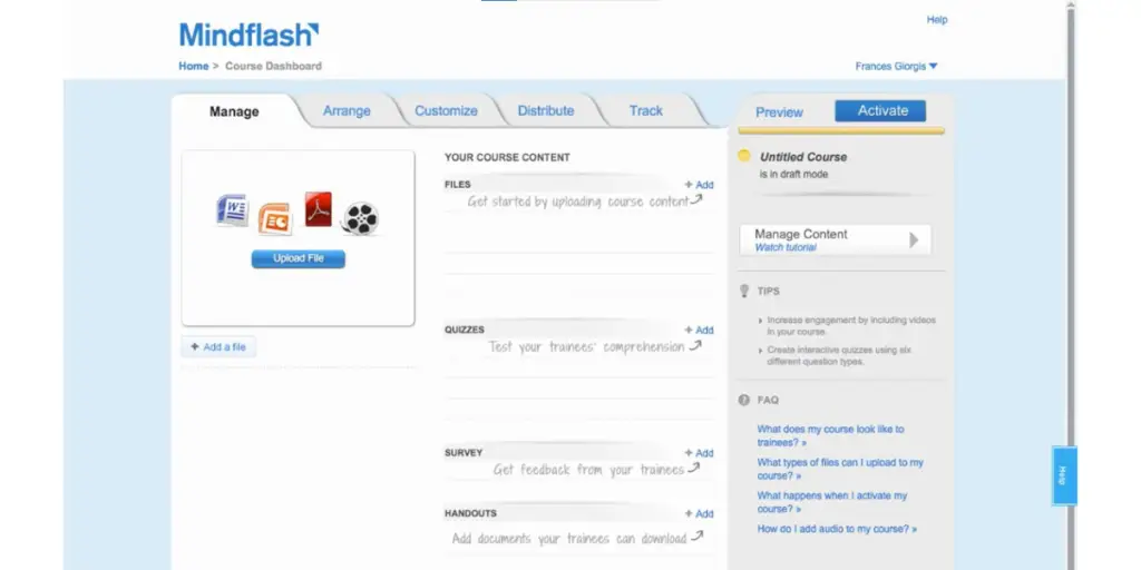 Manage page of Mindflash