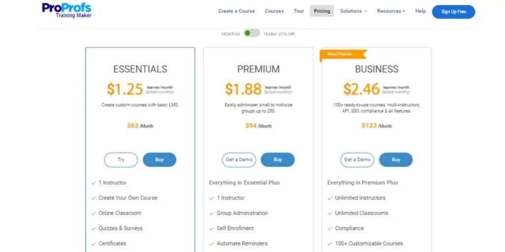 Monthly Pricing page of ProProfs