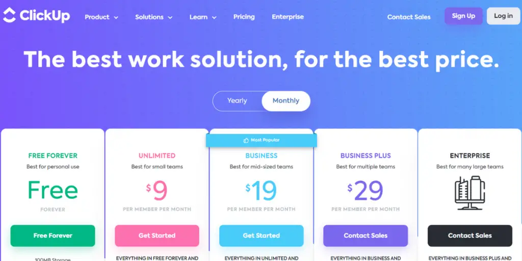 Monthly Pricing of of ClickUp
