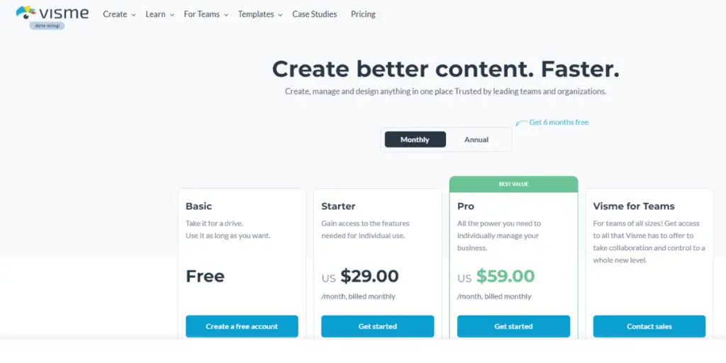 Monthly Pricing of Visme