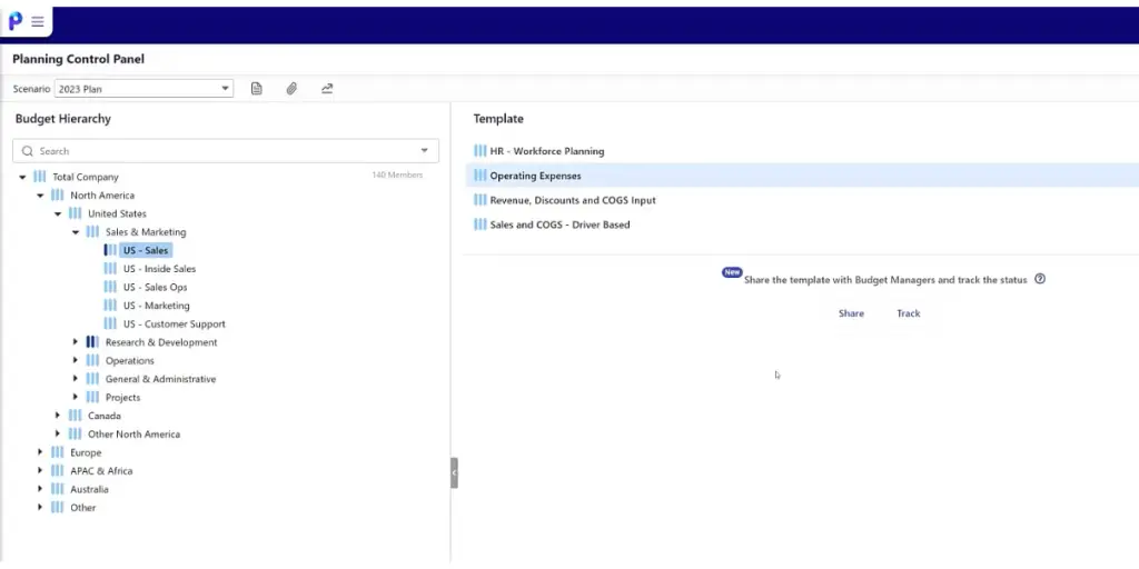 Planning Control Panel of Planful