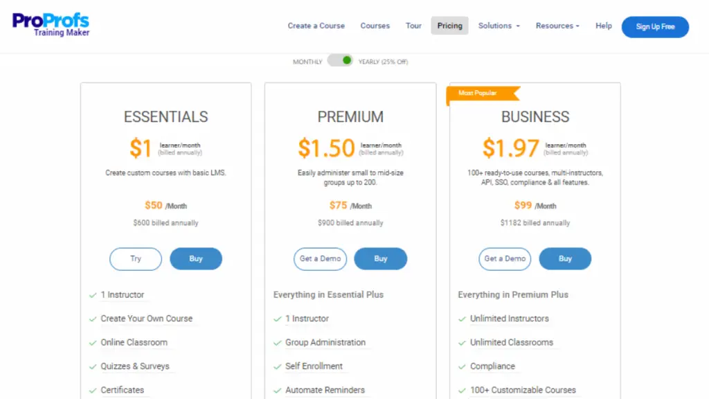 Pricing page of ProProfs