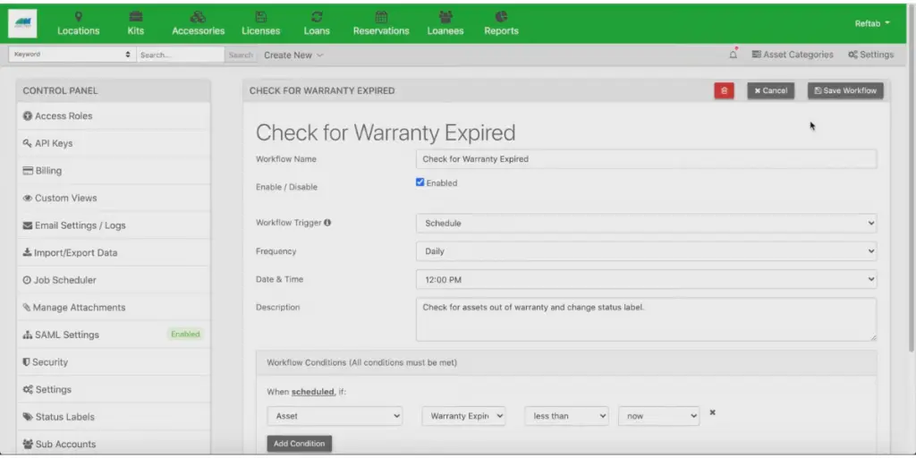 Control Panel view of Reftab