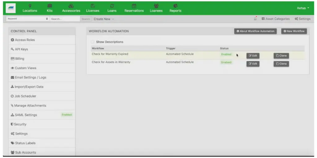 Control Panel Workflow Automation of Reftab