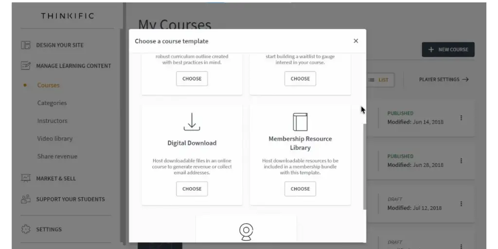 Course Template page of Thinific