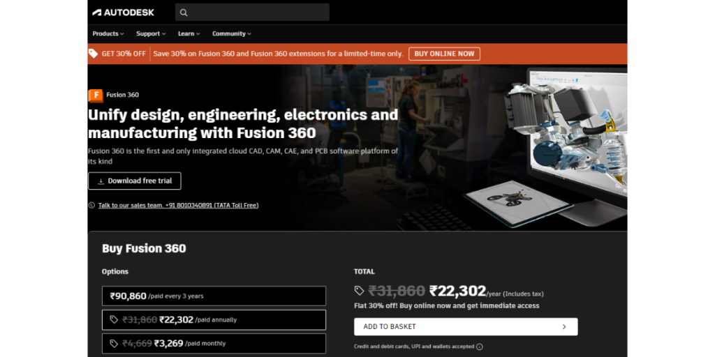 Webpage of Autodesk Fusion 360