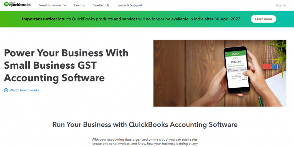 Webpage of Quickbooks