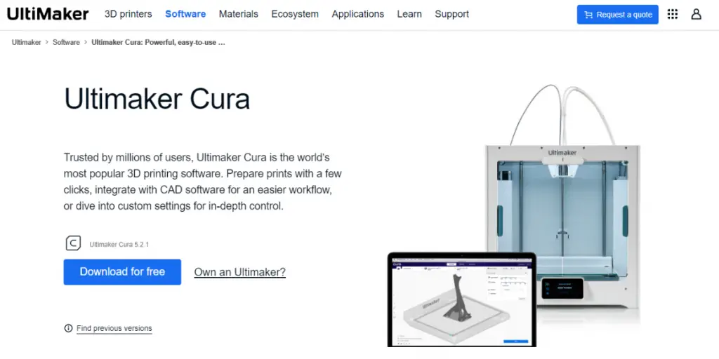 Webpage of Ultimaker Cura