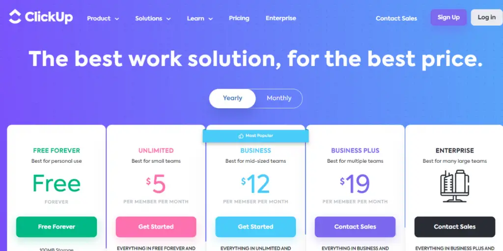 Yearly Pricing of ClickUp