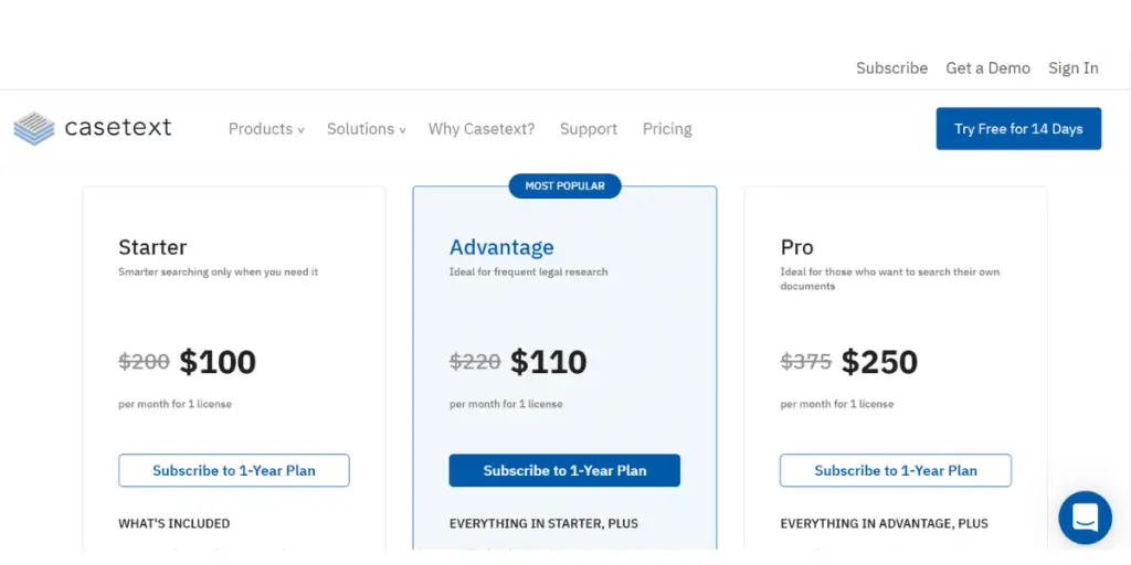 Pricing sheet of Casetext