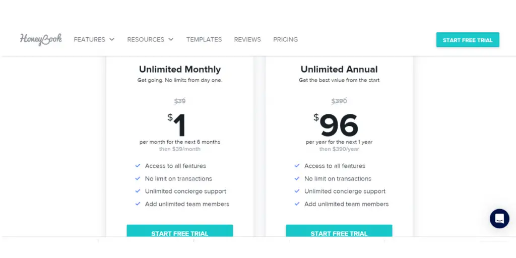Pricing of Honeybook