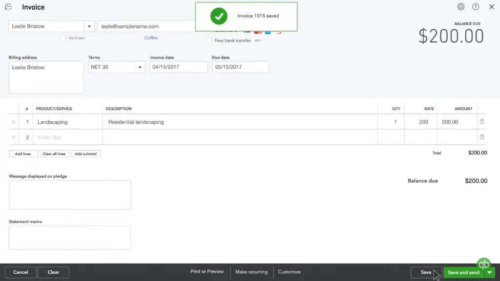 Invoice view of QuickBook