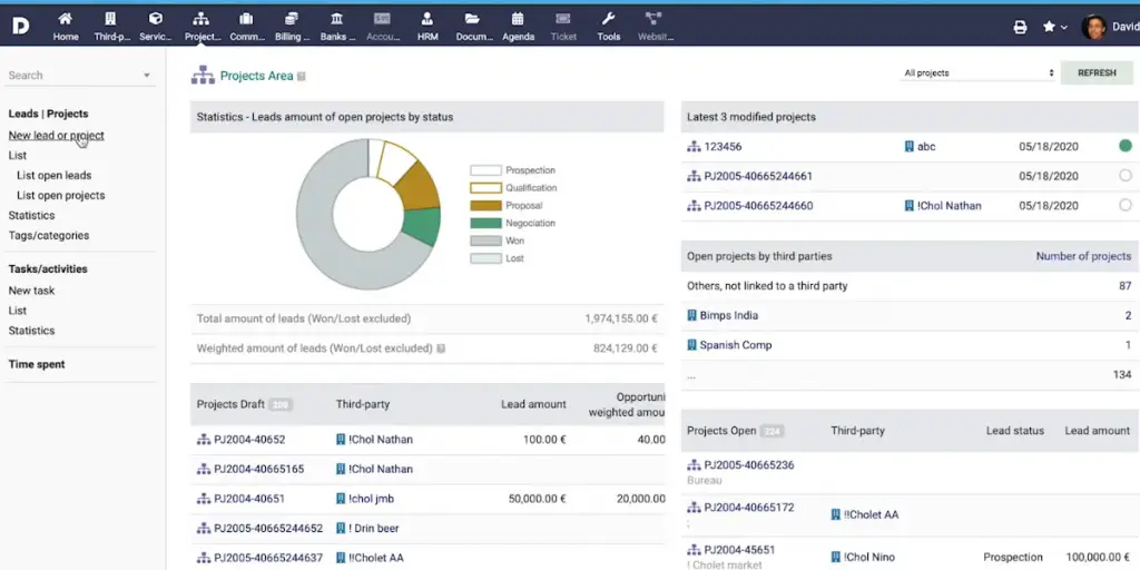Leads and Projects view of Dolibarr