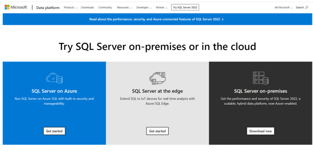 Webpage of Microsoft SQL