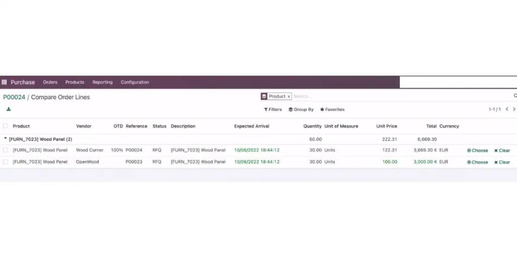 Odoo Purchase - Comparing Order Lines
