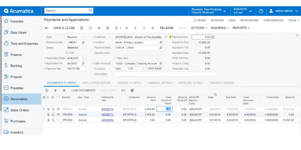 Payment and Applications Receivables of Acumatica