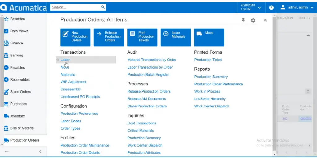 Production Orders of Acumatica