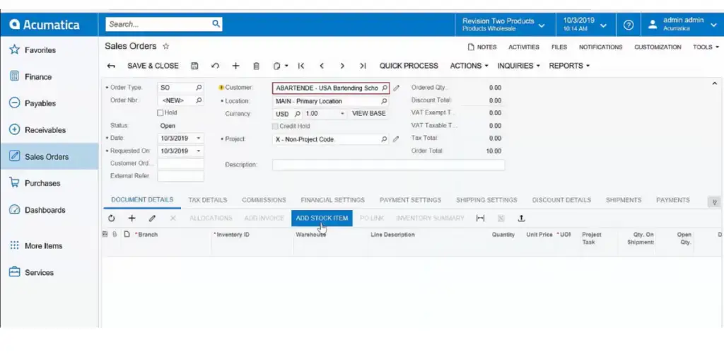 Sales Order of Acumatica