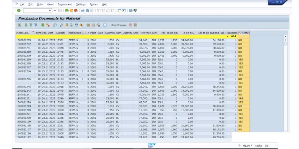 SAP Purchasing documents for Material