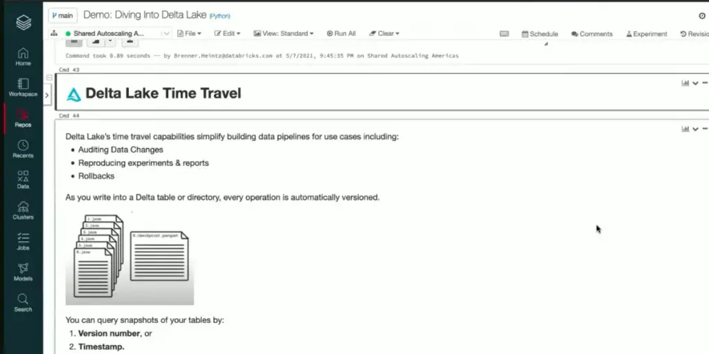 Time Travel page view of Delta Lake