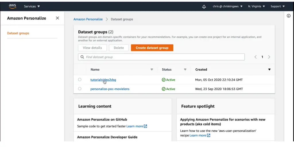Amazon Personalize Dataset Groups
