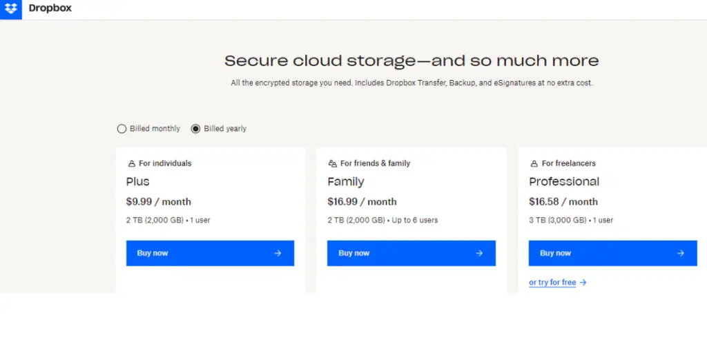 Annual Price of Dropbox