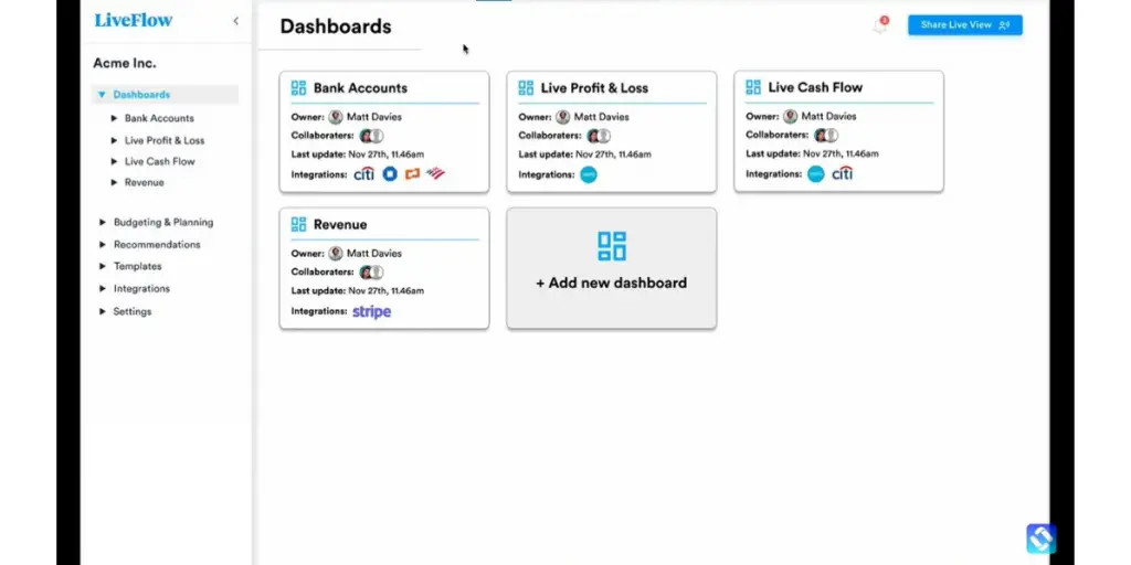 Financial Dashboard of LiveFlow