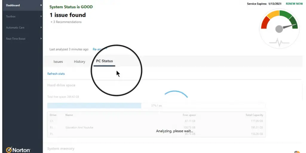 PC Status Dashboard of Norton