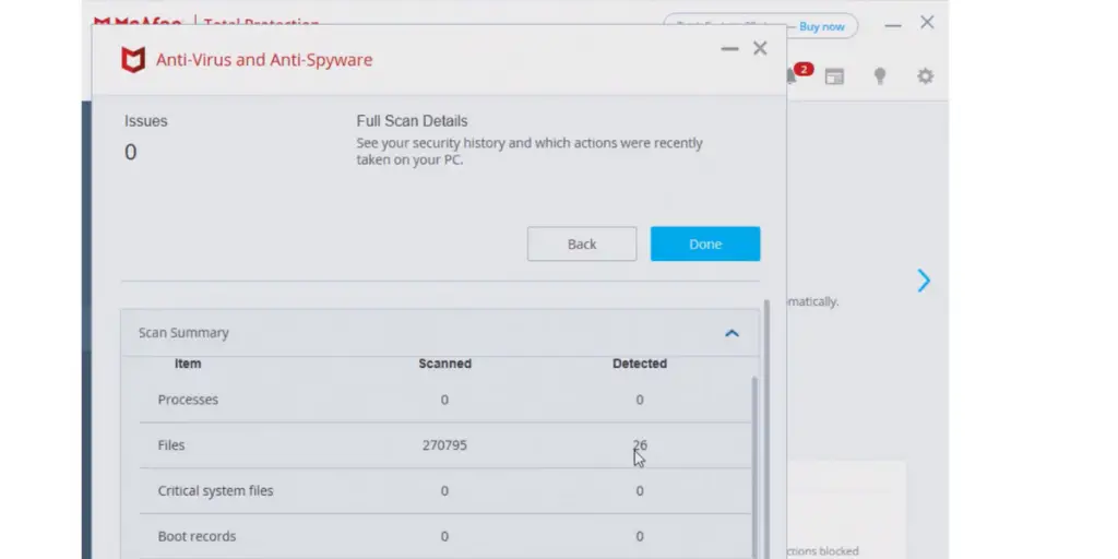 Full scan details of McAfee