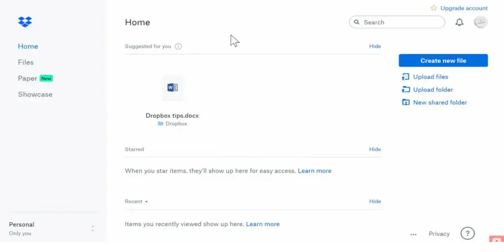 Homepage of Dropbox