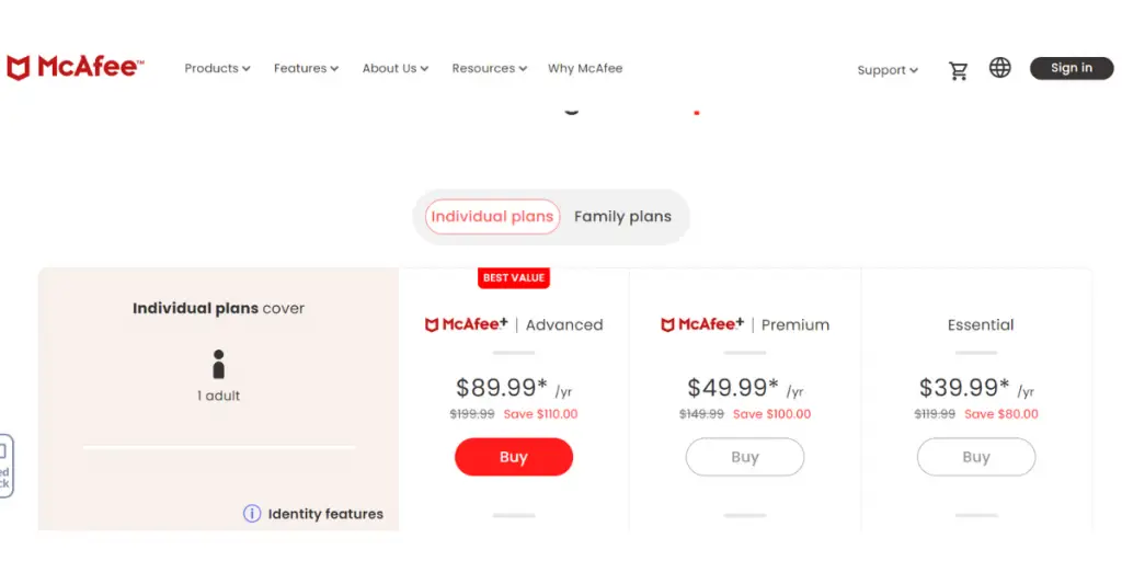 Individual plans of McAfee