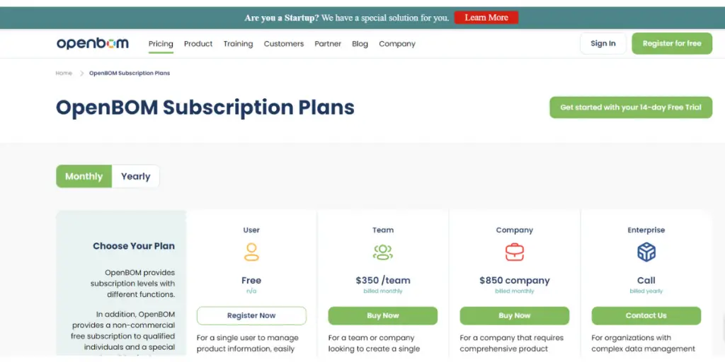 Monthly Pricing Plan of OpenBom