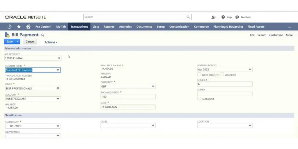 NetSuite Bill Payment