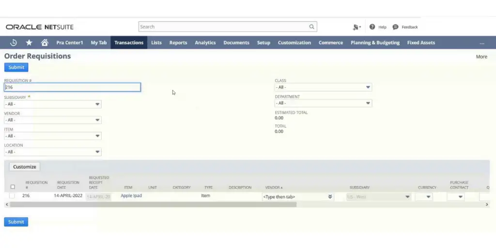 NetSuite Purchase Order Creation