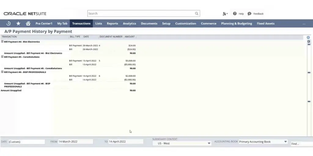 NetSuite Payment History