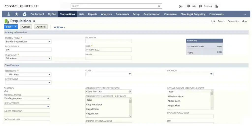 NetSuite Purchase Requisition