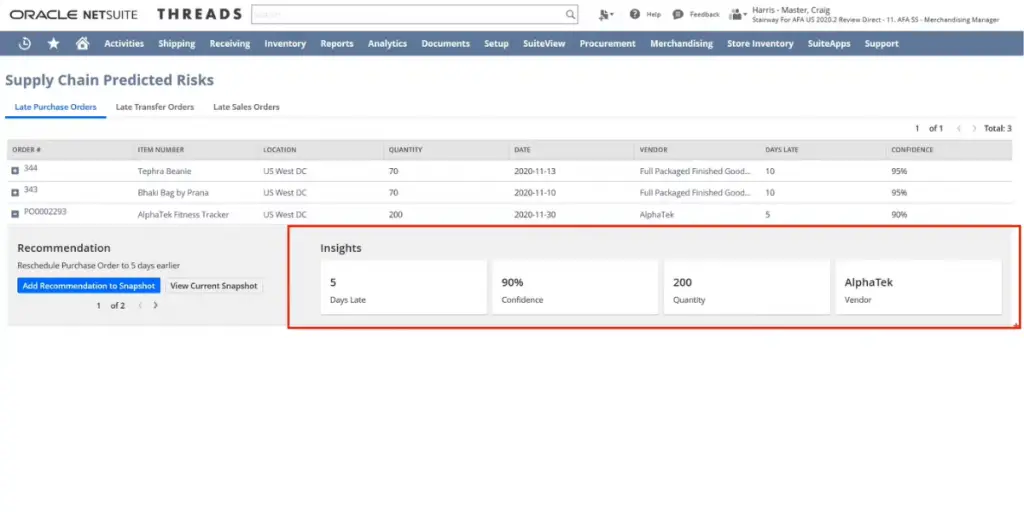 Supply Chain Predicted Risks of Oracle NetSuite