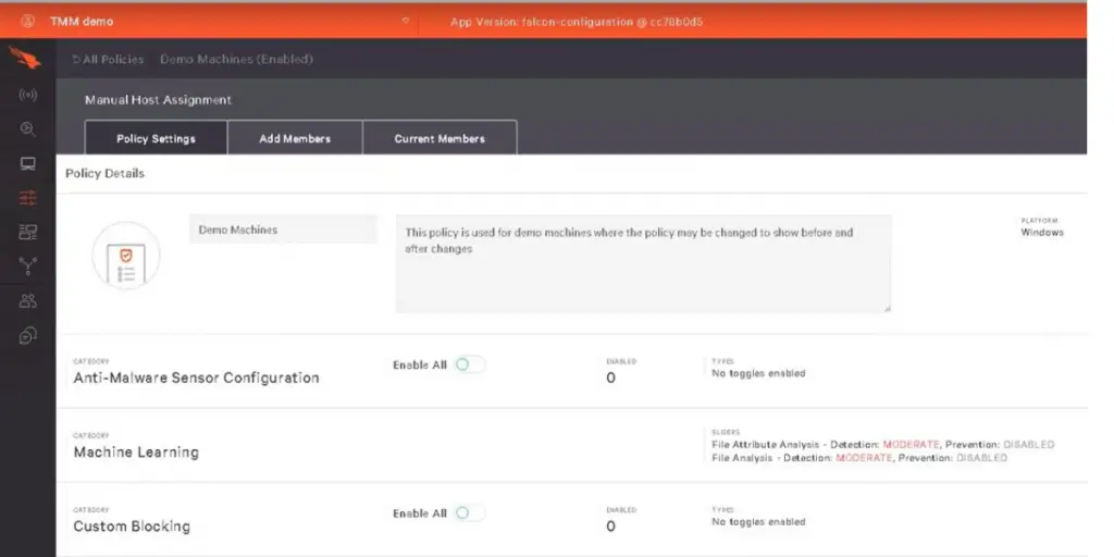 Policy Settings of Crowdstrike Falcon