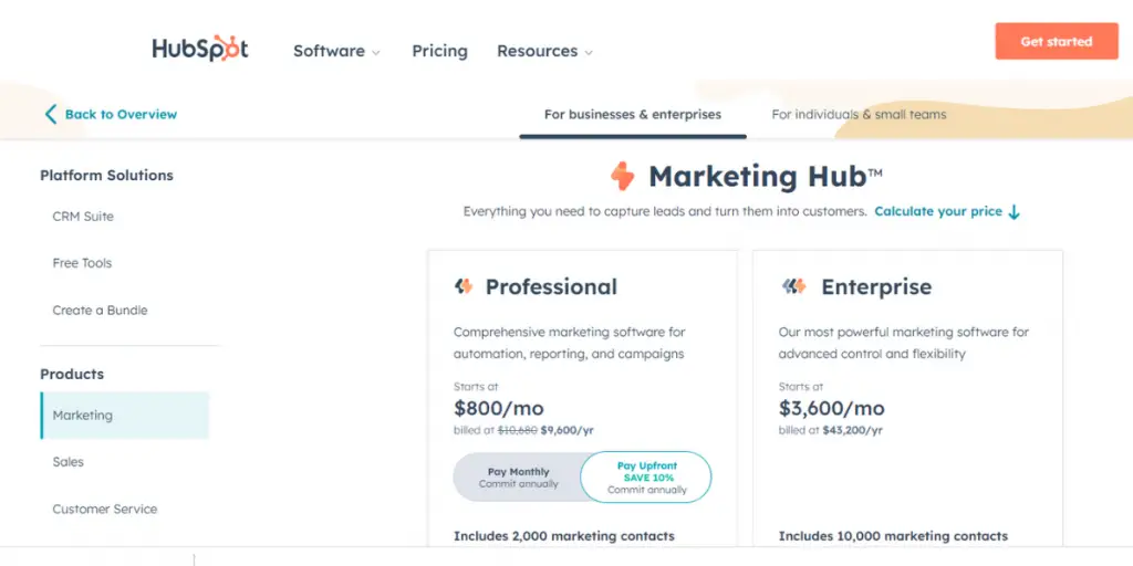 Price sheet of HubSpot