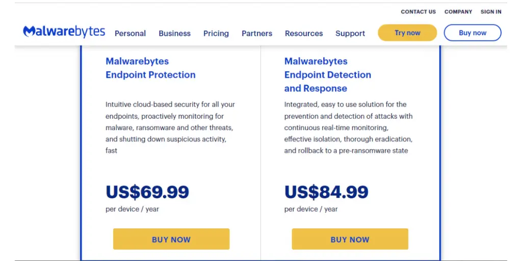 Price sheet of Malwarebytes
