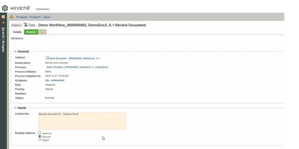 Products tasks view of Windchill