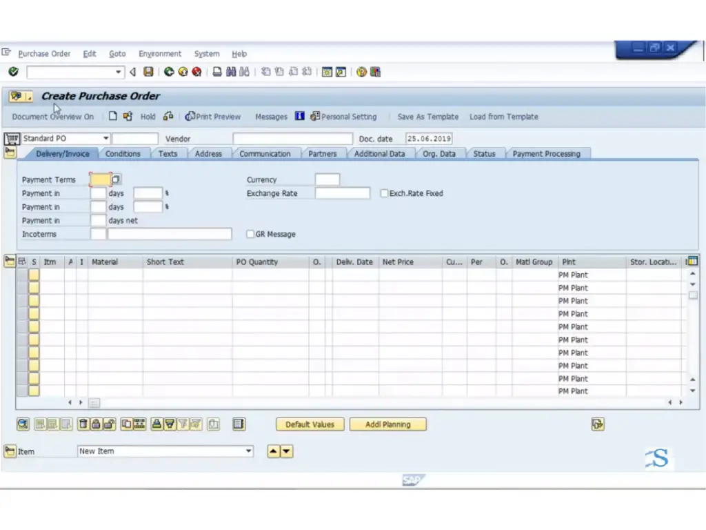 Create Purchase Order of SAP