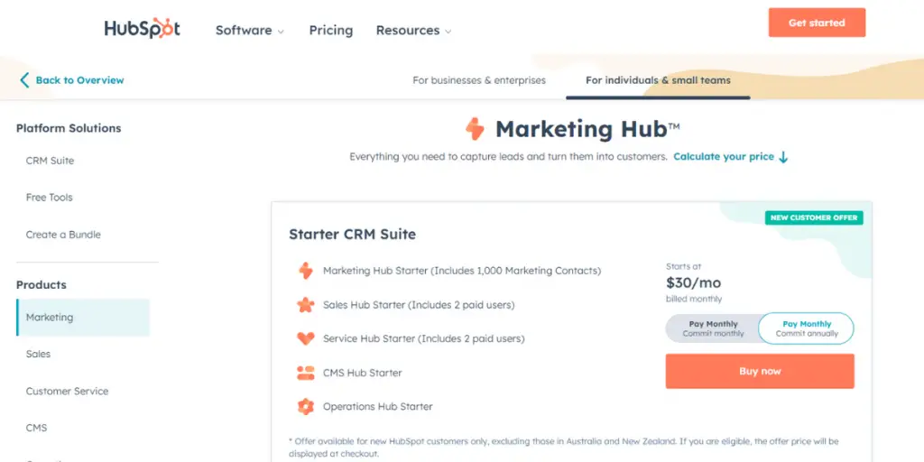 Starter price of Hubspot