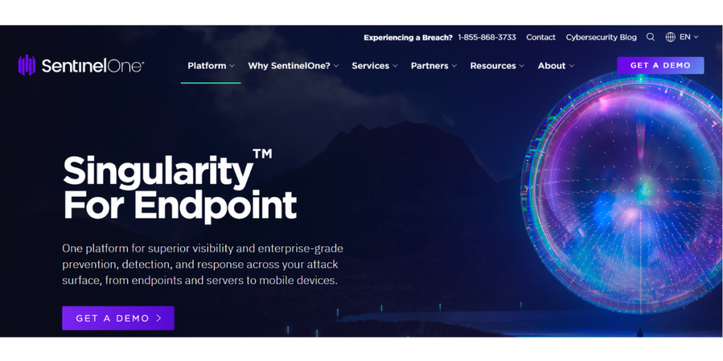 Webpage of Sentinel one Singularity XDR